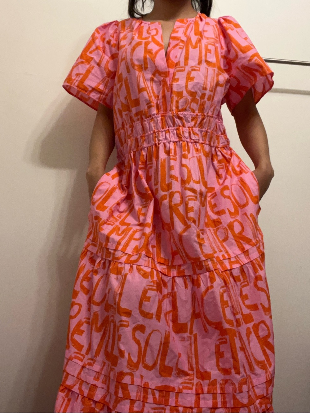 MY26 Anthropologie The Somerset Maxi Dress in pink with orange French writing - Picture 2 of 8